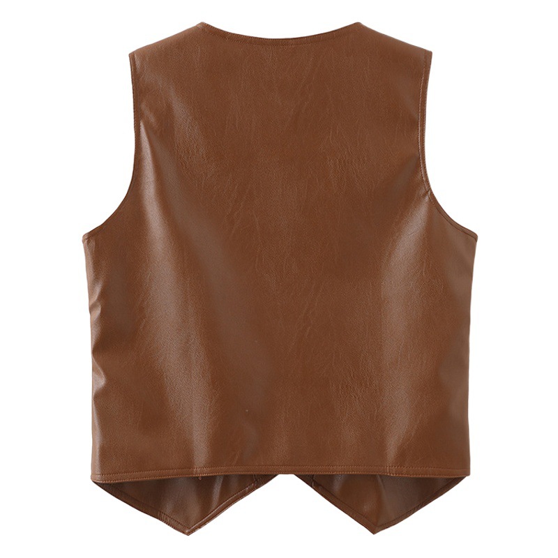 Primavera y otoño Chaleco de cuero sin mangas de las mujeres 2022 nueva moda compleja suelta pu Chaleco Corto marrón primavera desgaste exterior