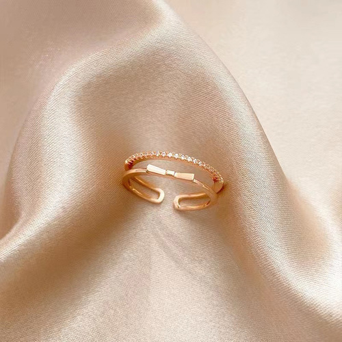 Butterfly knot ring with zirconia setting, copper-plated genuine gold, lightweight, niche, personalized design band ring, non-fading open ring