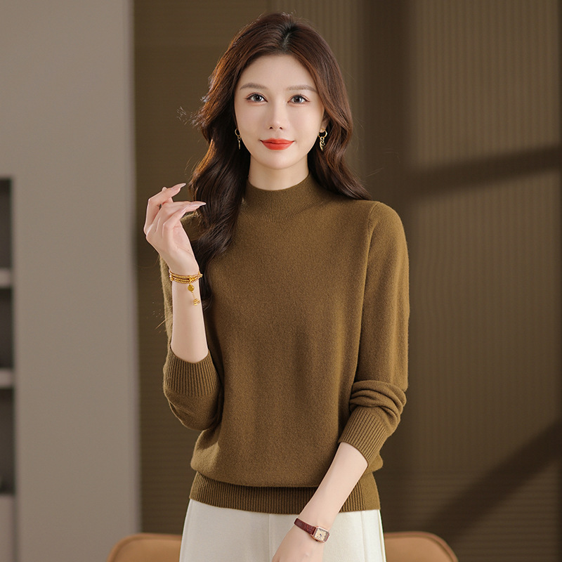 High-End Quality Woolen Sweater Women's Autumn and Winter Knitted Sweater Half Turtleneck Simple Versatile Large Size Pure Wool Bottoming Sweater