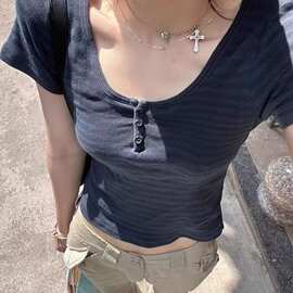 BM风  新款美式复古三粒扣藏蓝色条纹短袖T恤辣妹修身短款
