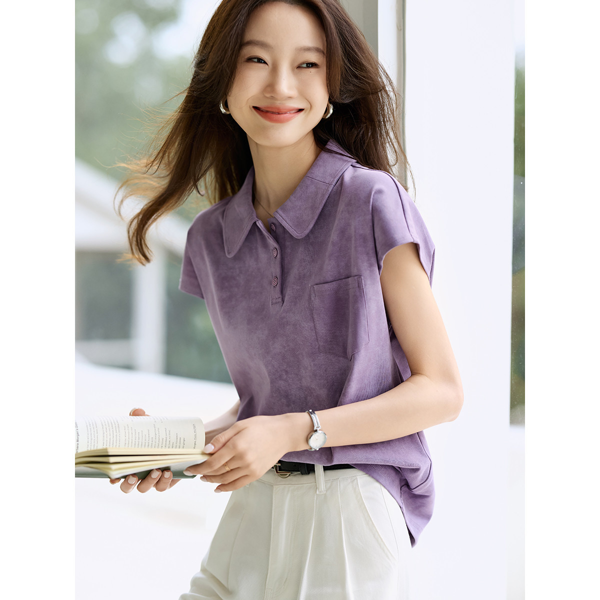 Áo thun polo cổ bẻ nữ họa tiết loang màu mùa hè — tím chi tiết 3