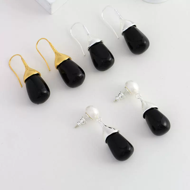 24春欧美ins气质港风镀金银耳坠女亚马逊复古水滴型琉璃耳环饰品