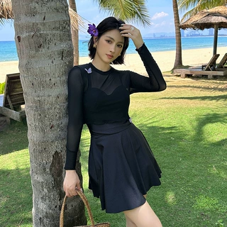 泳衣女夏大码胖mm200斤显瘦遮肚黑色性感钢托聚拢保守连体三件套