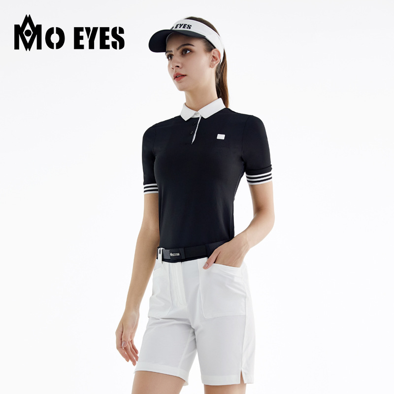 Bộ quần áo golf nữ Moeyes Magic Eye thể thao thoáng khí vải đính hạt mùa hè — M23KUZ006-Quần short đen, M23YF010-Áo màu trắng, M23YF010-Áo màu đen, M23KUZ006-Quần short trắng