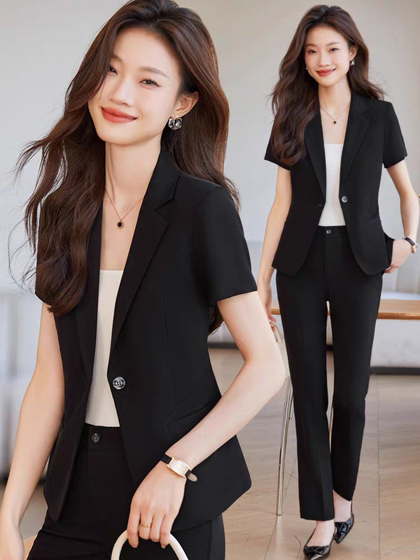 グレー半袖プロフェッショナルスーツ女性の夏薄い 2025 新しいジュエリーショップフロントデスク受付作業服スーツ|undefined