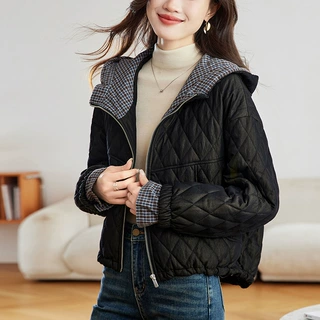 菱格连帽棉服女2025冬季新款短款百搭轻薄棉衣巨好看的夹棉外套