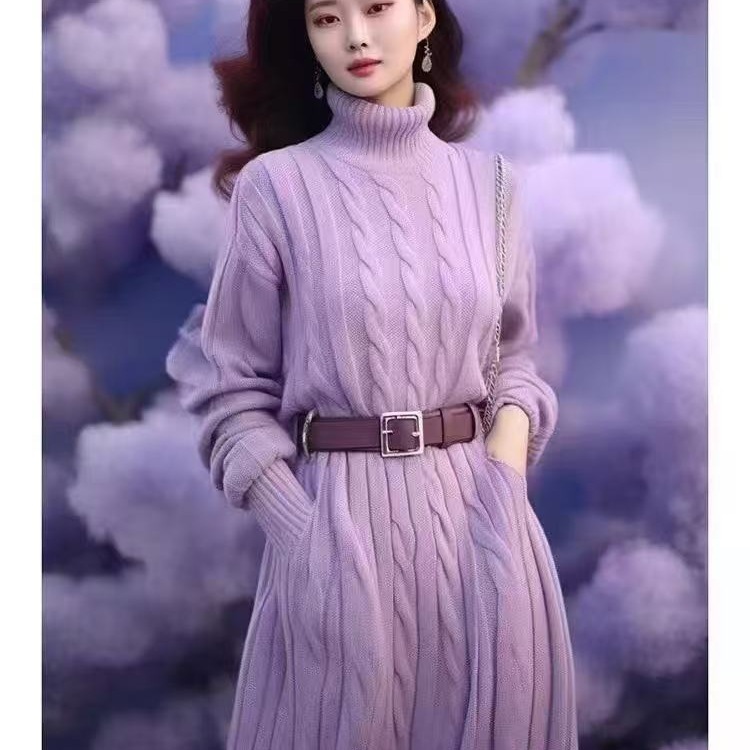 气质名媛超好看高领绞花针织连衣裙女轻奢高级感毛衣打底长裙冬季|undefined