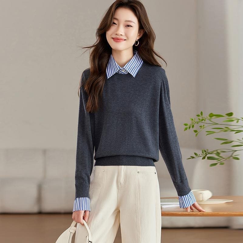 偽の2つのセーターの女性のシャツの襟はニットのシャツをつなぎ合わせます。|undefined