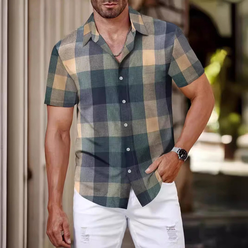 Men's plaid shirt, men's short-sleeved fashionable Korean-style youth casual men's short-sleeved shirt