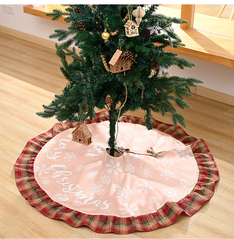 Maison & Jardin Nouvelle jupe d'arbre de Noël décorative en lin à carreaux avec lettres de flocon de neige, tablier de bas d'arbre en lin_voghion.com