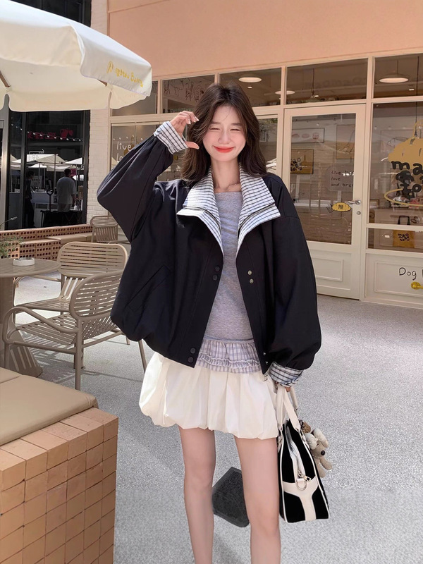 美式跨境复古格纹拼接假两件棒球服外套女春季高级感宽松工装夹克|undefined