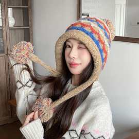 可爱毛球护耳针织帽女秋冬防寒套头保暖显脸小雷锋帽潮加厚毛线帽