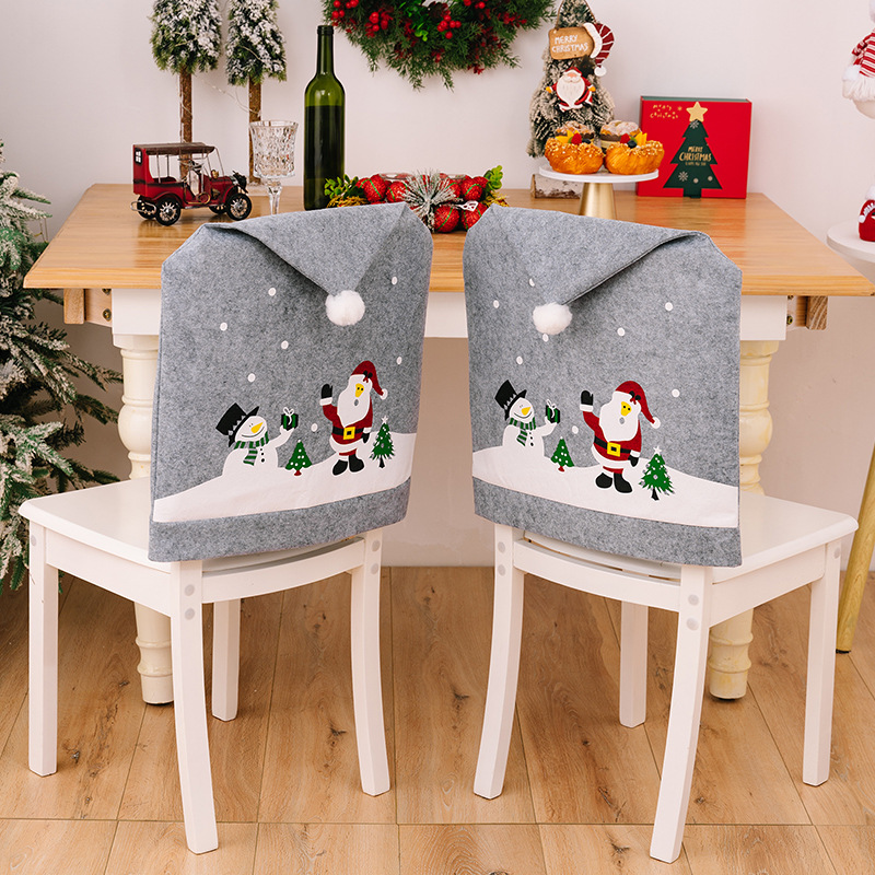 Decorações de Natal para casa Capa de cadeira cinza estampada para idosos Boneco de neve Capa de cadeira não tecida Chapéu de Natal_voghion.com