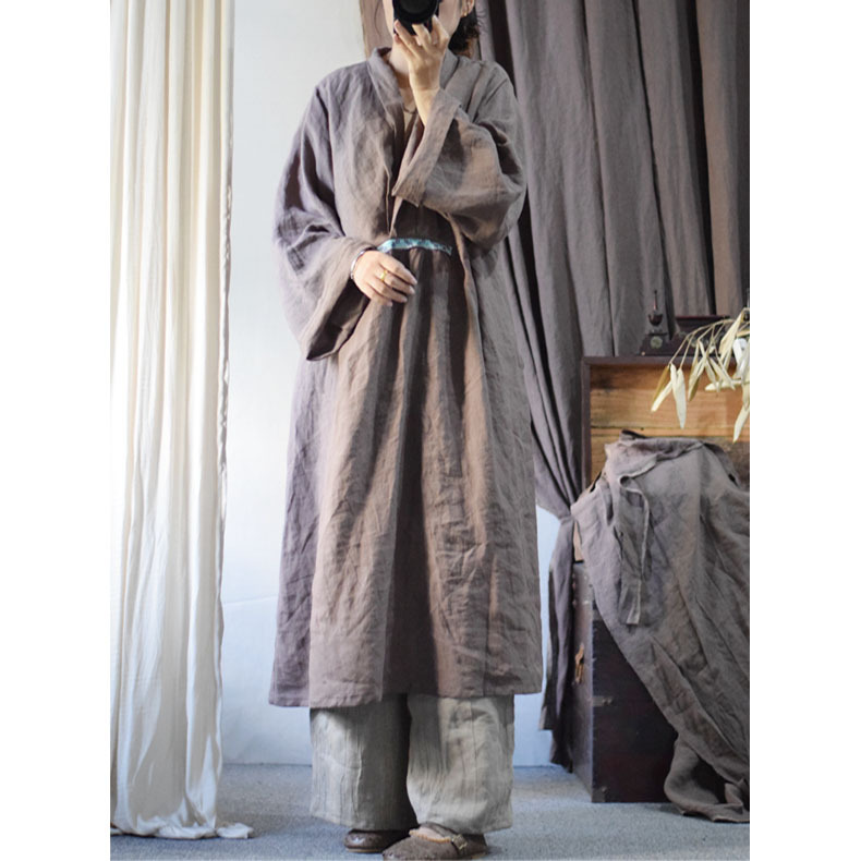 Original Linen Vintage Oriental Zen Three-Dimensional Cut Waist Linen Patch Embroidered Han Element Robe