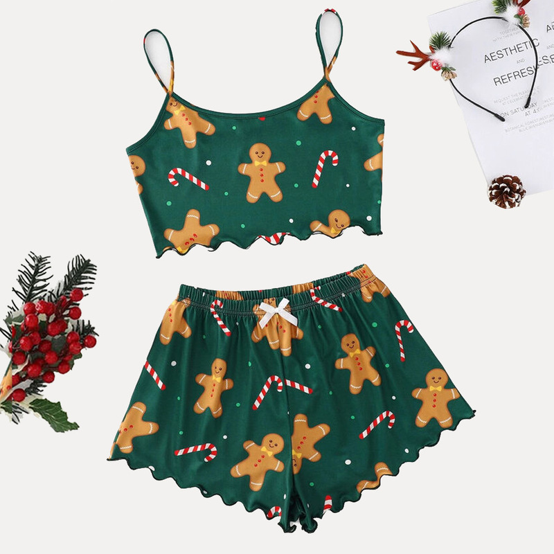 Foreign trade summer sexy women's Christmas pajamas camisole shorts snowflake deer home wear two-piece set Wholesale