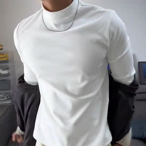 Autumn and winter new men's bottoming shirt, velvet mid-neck, polished hair, slim inner, long-sleeved, warm top, comfortable