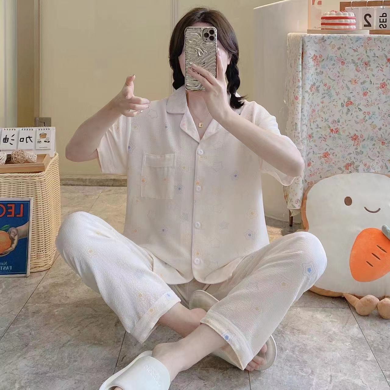 Pajamas de espuma tejidos de verano de algodón pantalones largos de mangas cortas ropa para el hogar de verano delgada de algodón conjunto de dos piezas