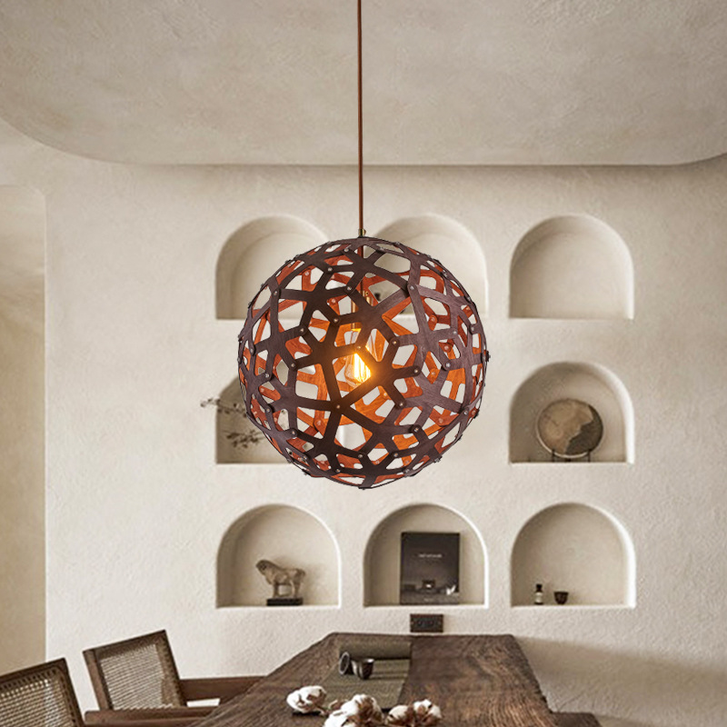 Araña de madera jaula de pájaros de estilo japonés lámpara de restaurante de madera maciza lámpara de escalera dúplex de nogal negro B & B Hotel olla caliente restaurante iluminación