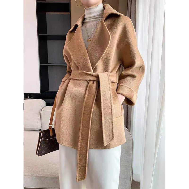 Max water ripple bathrobe short belt small double-sided wool cashmere coat women's woolen coat all-matching