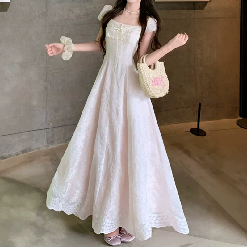 [Misty Pink Tea Party] Summer Lace Patchwork Embroidered Long Dress A-line Waist-Cinching Dress