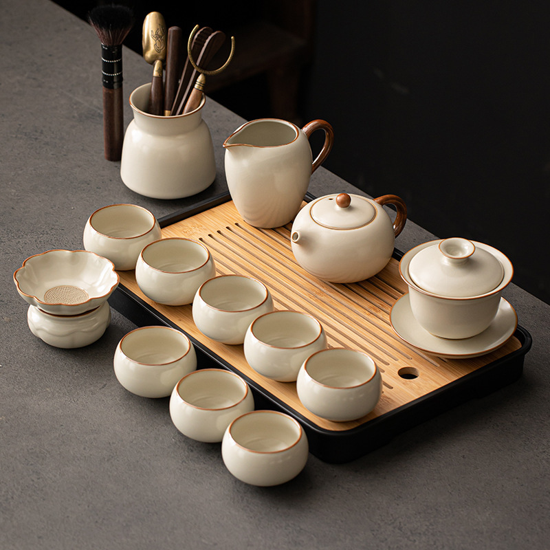 Ru Kiln Kung Fu Tea Set suit Home 2024 New Office Tea Pointed Tea Cover Bowl Teapot Tea Cup suit