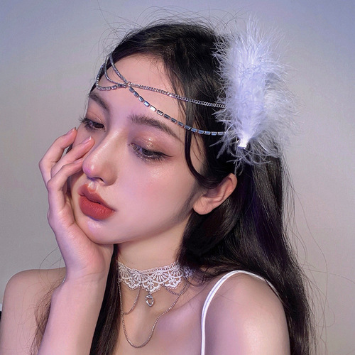 White Feather Duckbill Square Diamond Chain Hairpin New Elegant Trendy Cute Hair Accessory