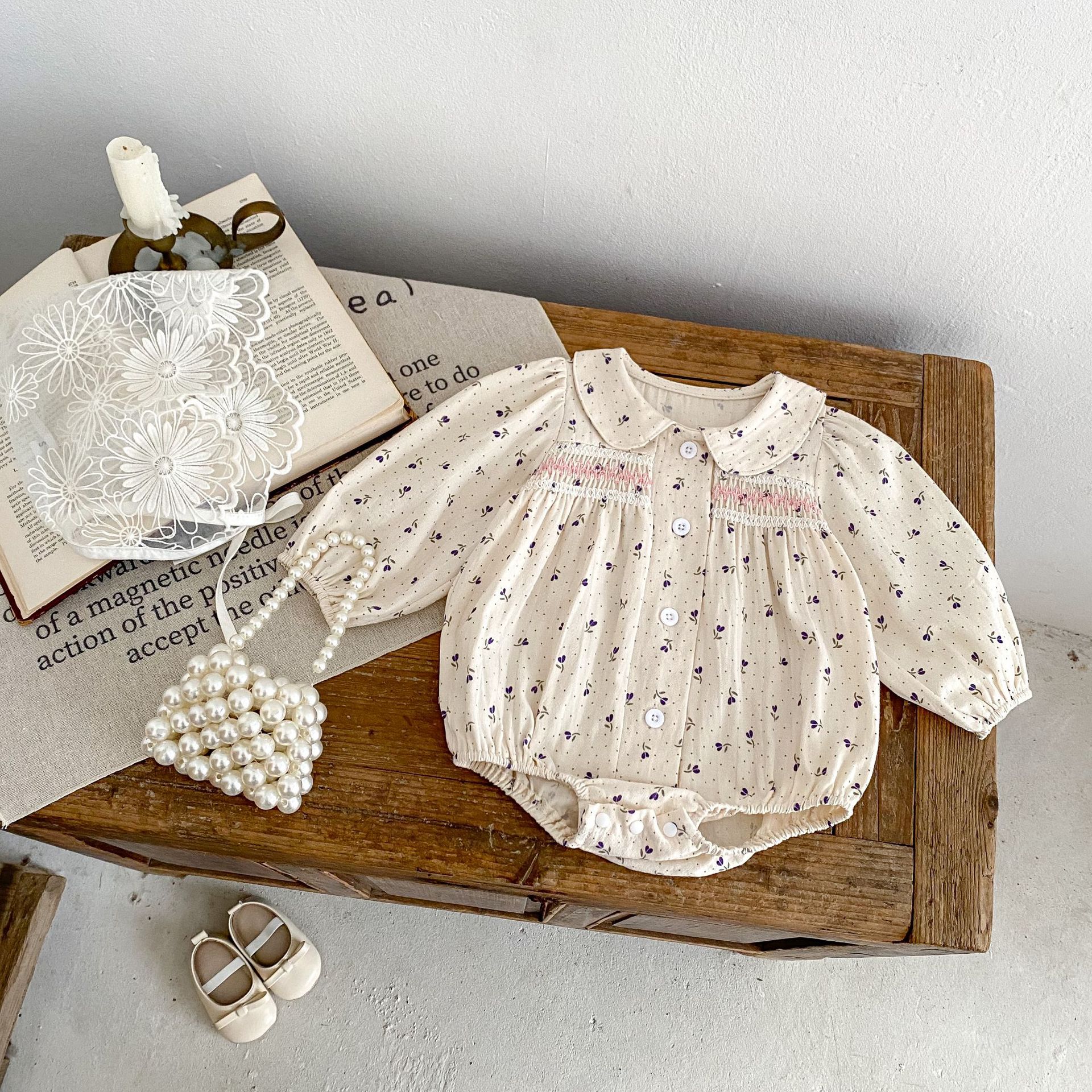 Cotton children's clothing 2024 autumn new item for infants and young girls, long sleeved khaki, wavelet dot flower_voghion.com