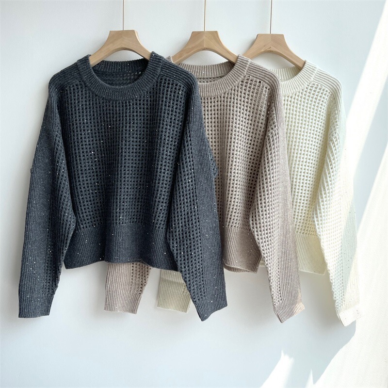 Off-Size Waffle Hollow Sequin Top Women's Pullover Pure Cashmere Knitwear Bc Long-Sleeved Round Neck Knitwear