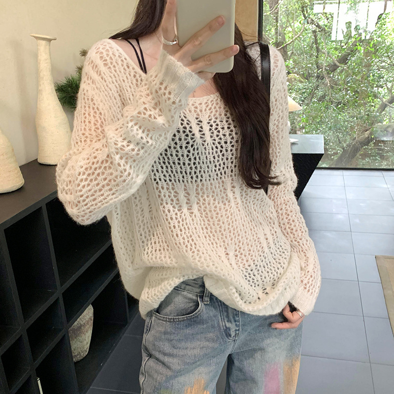高级感韩系百搭针织衫女春夏新款宽松慵懒风外搭网织镂空罩衫上衣