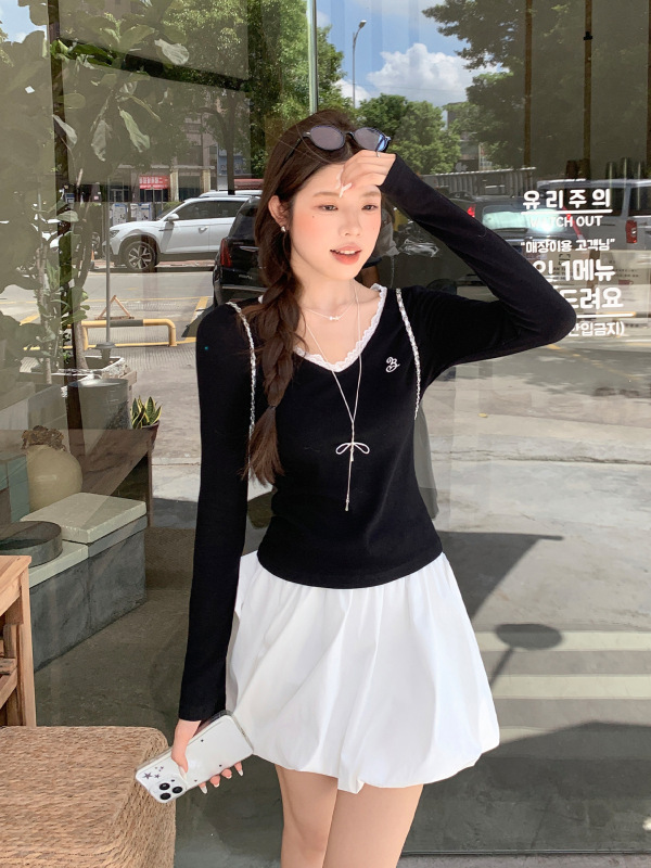 韩系大V领蕾丝花边刺绣打底衫长袖T恤女早秋穿搭修身显瘦内搭上衣|undefined