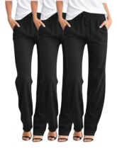 L 18648 Casual Solid Color Linen Drawstring Wide Leg Pants