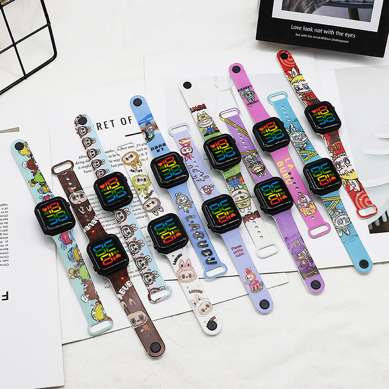 跨境新款LED电子表Y1彩灯卡通印花labubu时尚运动学生电子手表