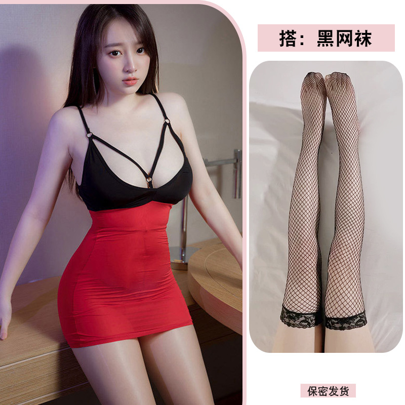 블랙 레드 + 블랙 망사 스타킹