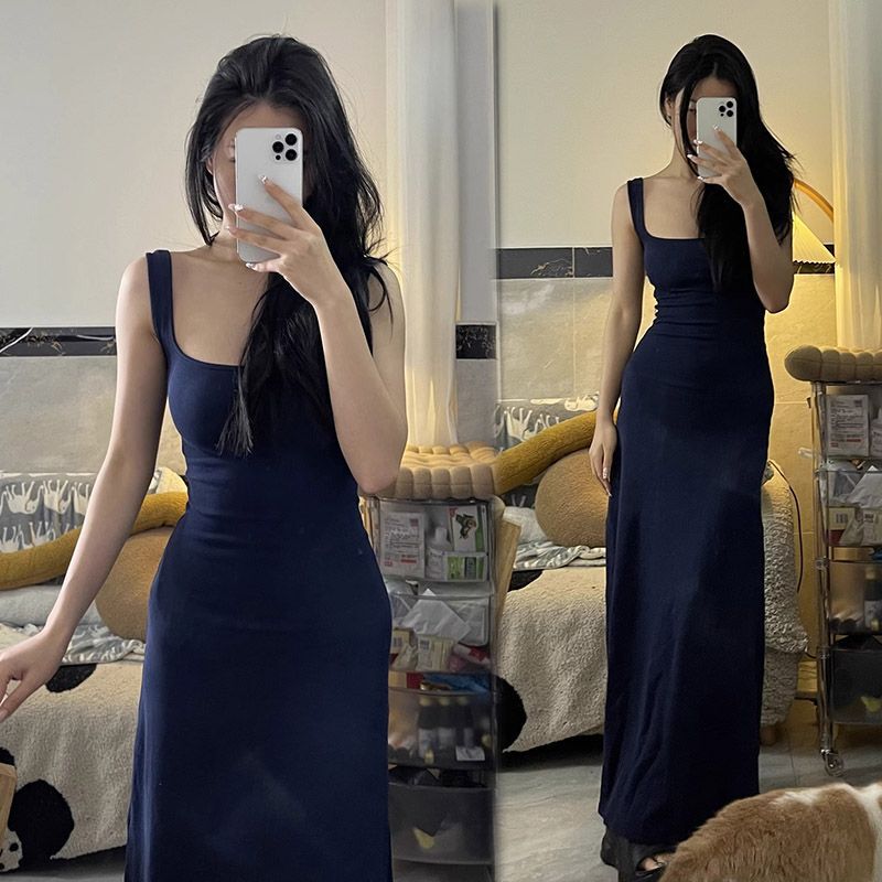 2026 Spring/Summer Navy Blue Long Sleeveless Vest Dress, Extended Version for Tall Individuals, Beach Vacation Style, Bodycon 2026 Spring/Summer Navy Blue Long Sleeveless Vest Dress, Extended Version for Tall Individuals, Beach Vacation Style, Bodycon