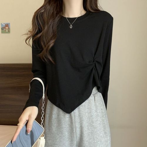 Women's Spring Large Size Fat Mm Tummy Covering Unstructured Long Sleeve T-Shirt, Stylish Short Length Straight Shoulder Top