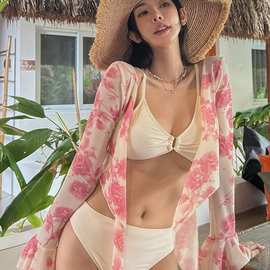 泳衣女比基尼女四件套分体2023新款时尚裙式镂空保守海边泡温泉