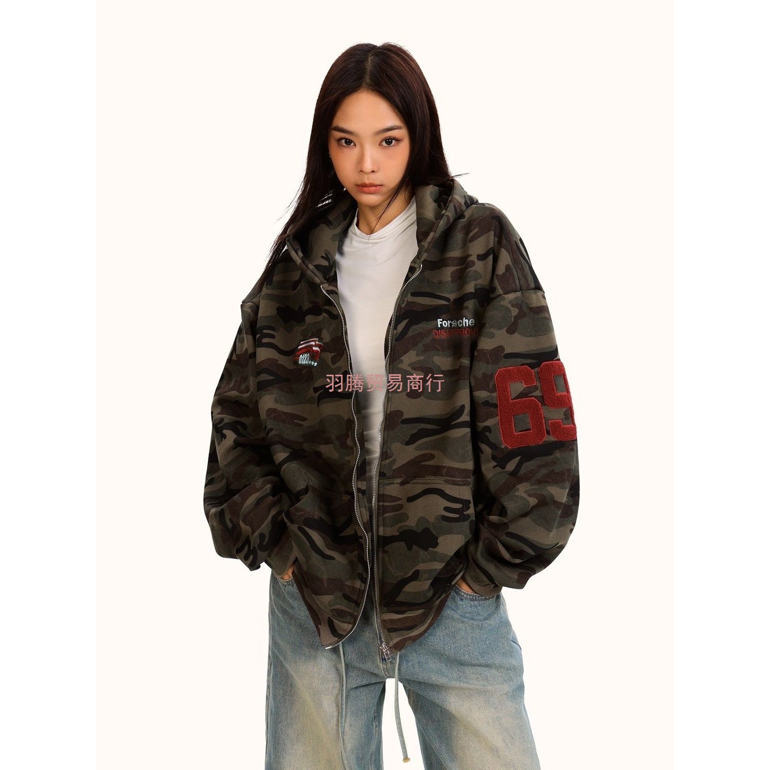 加绒加厚迷彩开衫连帽卫衣男女宽松美式复古外套秋冬款保暖夹克潮