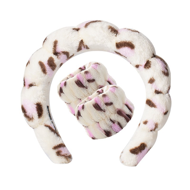 핑크 도트 레오파드 프린트 헤어밴드 + 손목 스트랩 2개(솔기 부분에 고무줄 3개)
