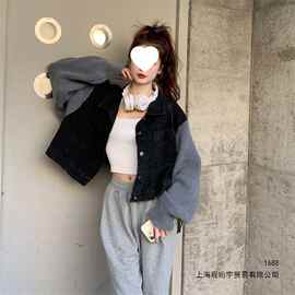 甜酷牛仔外套女秋季休闲设计感针织拼接长袖polo领开衫短款上衣潮