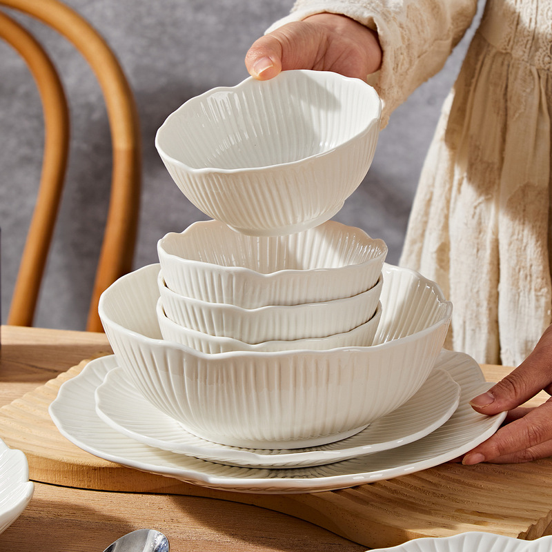 Pure White High-End Tableware, White Ceramic Rice Bowls, Soup Bowls, Plates, Household Salad Bowls, Tableware Sets, Bowl and Plate Sets Pure White High-End Tableware, White Ceramic Rice Bowls, Soup Bowls, Plates, Household Salad Bowls, Tableware Sets, Bowl and Plate Sets