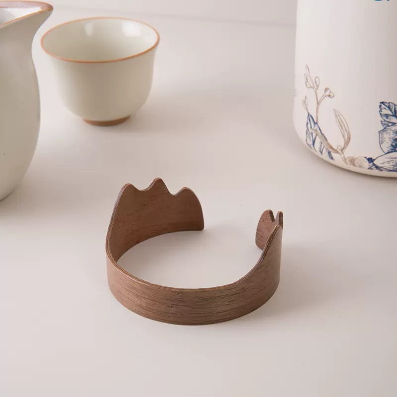 胡桃木防烫圈玻璃杯杯套隔热套假山款祥云款竹圈卡套木托茶具配件