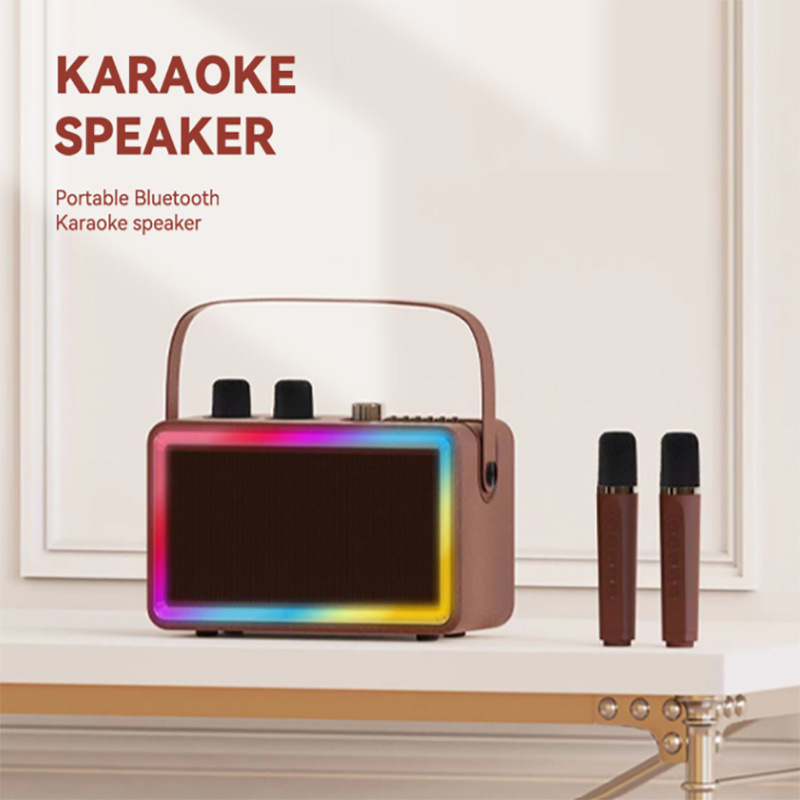 Retro Karaoke Wireless Bluetooth Speaker Microphone All-in-One Outdoor Family Party suit K Song Double Mai LED