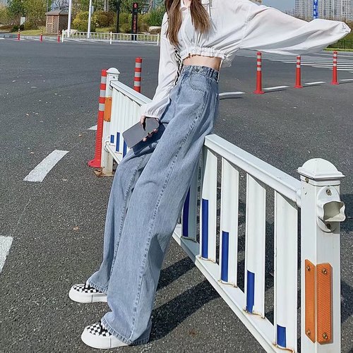 Retro Blue Straight Jeans Women's Summer Thin Section 2022 New Loose High Waisted Wide Leg Draped Floor-Mopping Pants