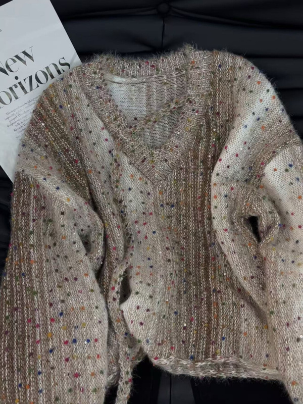 原创正版高品质！春季新款渐变色V领针织衫彩点毛衣女洋气上衣|undefined