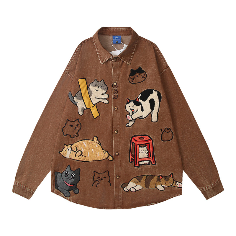 American retro cat embroidered denim long-sleeve shirt for men and women, 2026 autumn loose casual couple shirt jacket