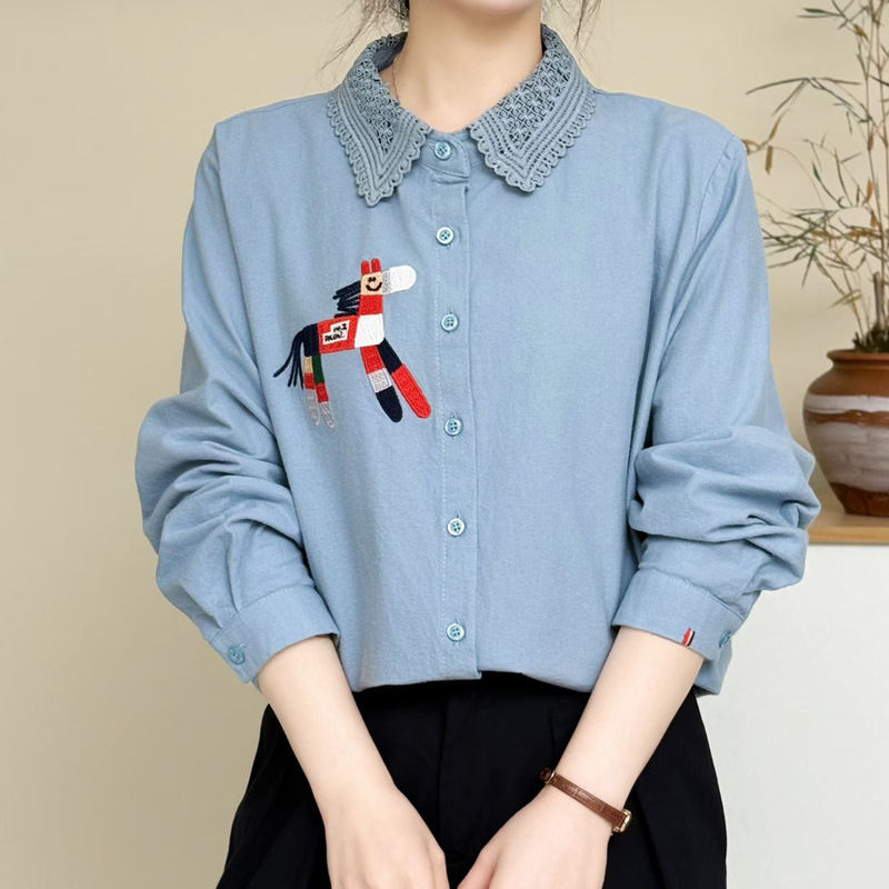 Foreign Trade Embroidered Double-Layer Cotton Gauze Loose Large Size Lace Shirt Women's Clothing Factory Wholesale Pure Cotton Shirt