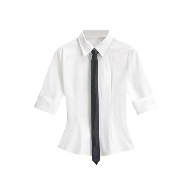 Lasel Single-breasted Mid-sleeve Shirt Women's Design Tie Slim-fit Waist Commuter Hem Curved Cardigan Top Lasel Single-breasted Mid-sleeve Shirt Women's Design Tie Slim-fit Waist Commuter Hem Curved Cardigan Top