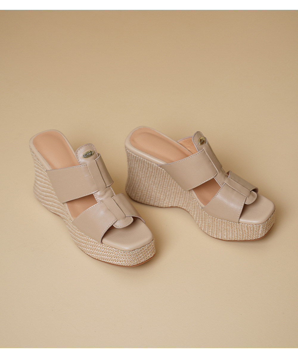 Sandal cao gót nữ hở mũi phong cách Bohemian đế xuồng đan dây — màu nâu, màu mơ chi tiết 12
