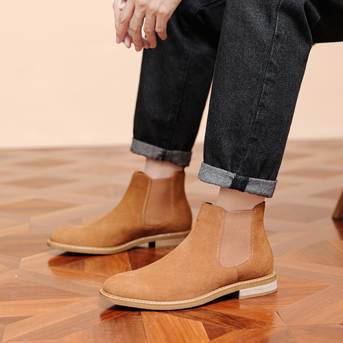 New Men's Shoes Chelsea Boots Men's Slip-On Trendy Boots Large Men's Faux Leather Short Boots Men's Genuine Leather Reverse Fur Boots Men