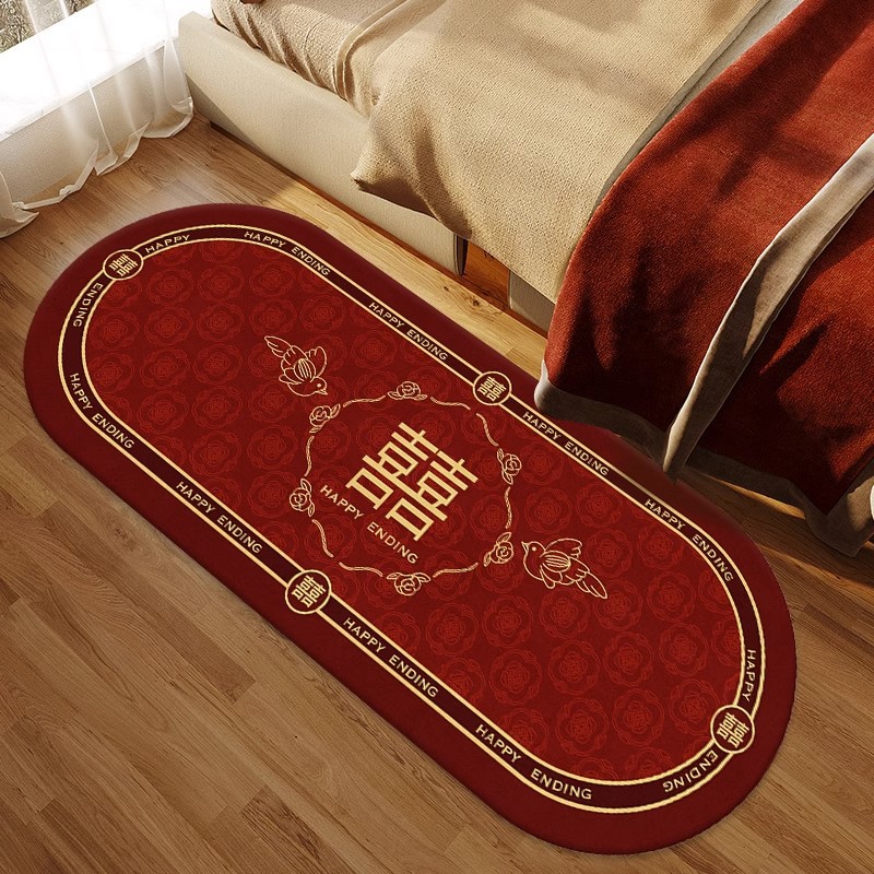 Wedding bedroom Chinese style carpet, festive room long bed side rug, red floor mat, entryway anti-slip door mat rug